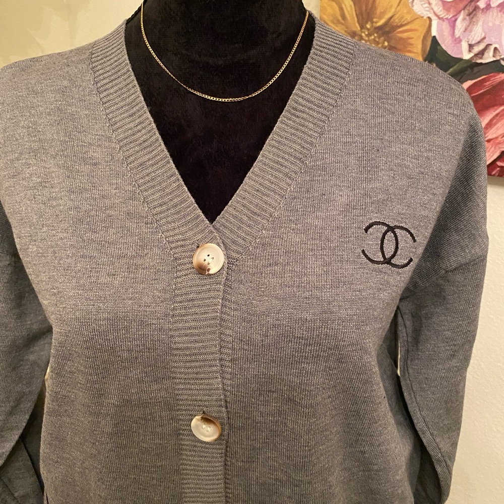 CHANEL Gray V-Neck Cardigan Sweater—Vintage